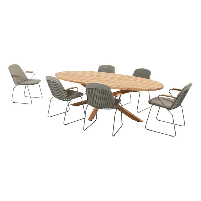 4 Seasons Outdoor Veneto dining olive + Taste 4SO Prado teak tafel ovaal 240 cm