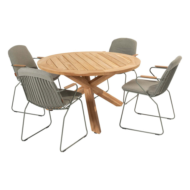 4 Seasons Outdoor Veneto dining olive + Taste 4SO Prado teak tafel 130 Ø cm