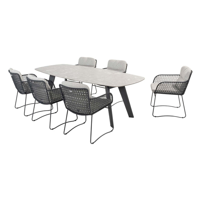 4 Seasons Outdoor Aprilla dining antraciet + Montana tafel barrel keramiek terrazzo 240 x 103 cm