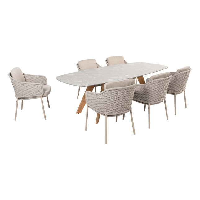 4 Seasons Outdoor Eros dining + Montana tafel barrel keramiek terrazzo 240 cm teak onderstel