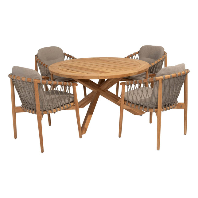 4 Seasons Outdoor Nora dining stoel + Taste 4SO Prado teak tafel 130 Ø cm teak onderstel