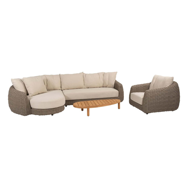 4 Seasons Outdoor Maxime chaise lounge bank + loungestoel + Finn salontafel kiezel-vorm