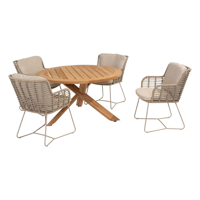 4 Seasons Outdoor Fabrice dining stoel latte + Taste 4SO Prado teak tafel 130 Ø cm teak onderstel