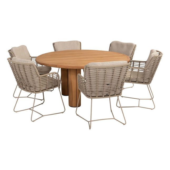 4 Seasons Outdoor Fabrice dining stoel latte + Taste 4SO Corsica tafel teak 160 Ø cm