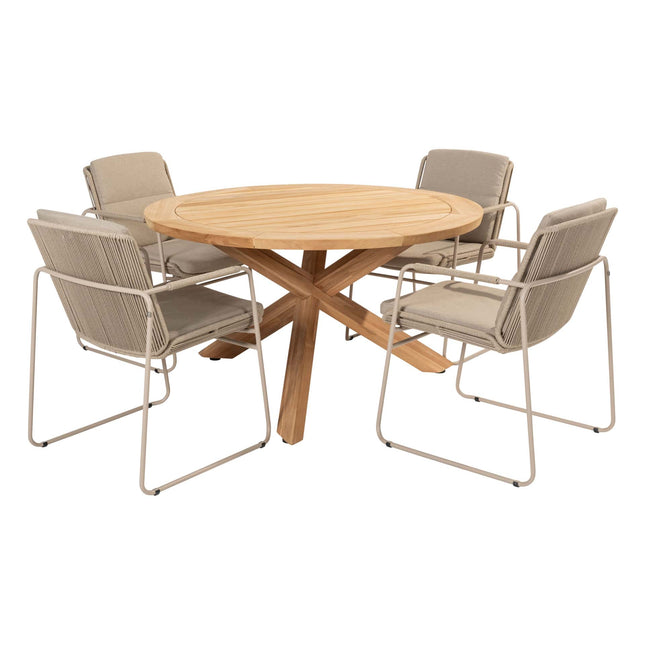 Taste 4SO Parma stapelbare dining latte + Prado teak tafel 130 Ø cm