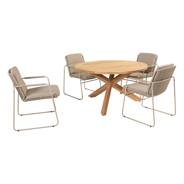 Taste 4SO Parma stapelbare dining latte + Prado teak tafel 130 Ø cm