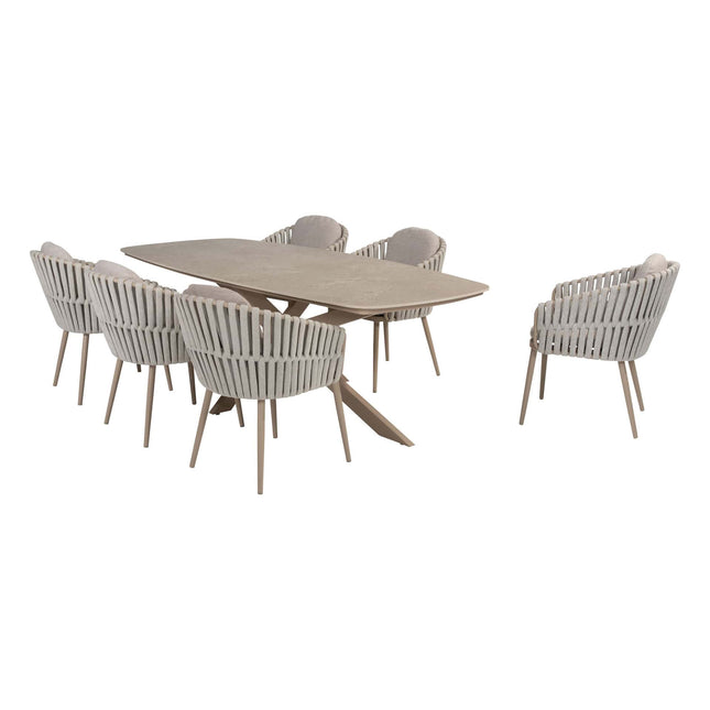 Taste 4SO Eva dining + Prado tafel met keramisch tafelblad barrel latte 240 cm