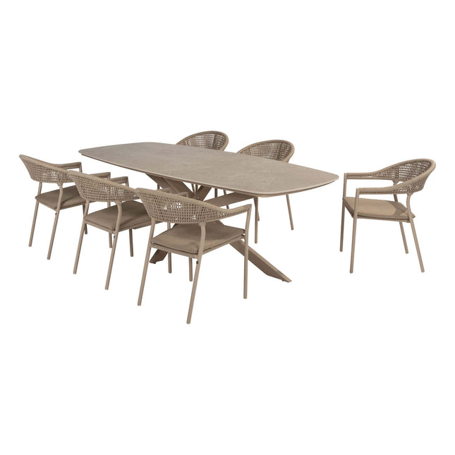 Taste 4SO Sienna dining + Prado tafel met keramisch tafelblad barrel latte 240 cm