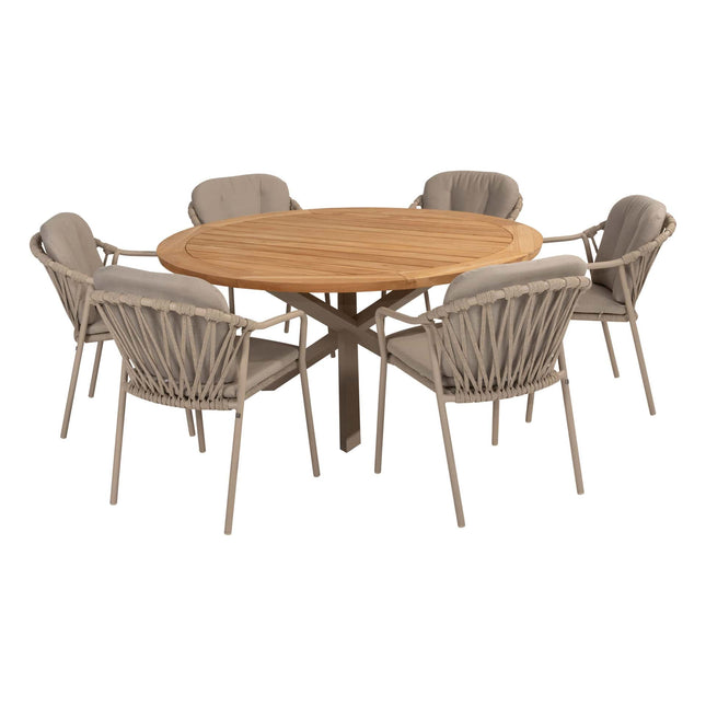 Taste 4SO Manitoba stapelbare dining stoel latte + Prado teak tafel 160 Ø cm latte onderstel