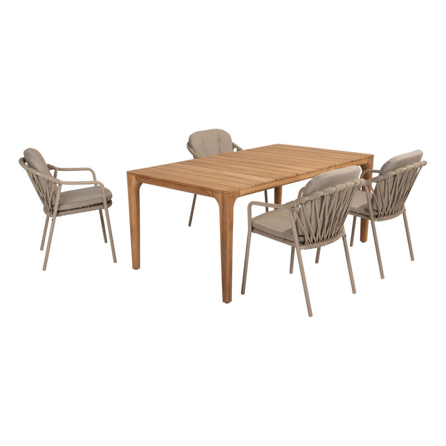 Taste 4SO Manitoba stapelbare dining stoel latte + Liam eettafel teak 180 cm