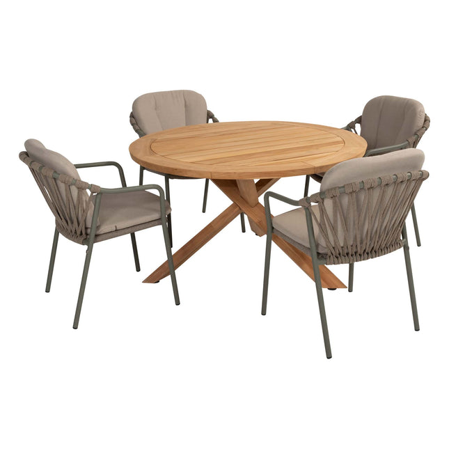 Taste 4SO Manitoba stapelbare dining stoel olive + Prado teak onderstel met teak tafel Ø 130 cm