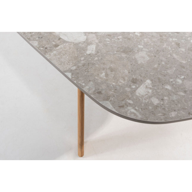 4 Seasons Outdoor Veneto dining olive + Montana tafel barrel teak onderstel met keramiek terrazzo 240 cm