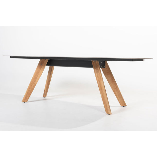 4 Seasons Outdoor Montana tafel barrel keramiek terrazzo 240 x 103 cm teak onderstel