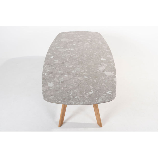 4 Seasons Outdoor Jura dining + Montana tafel barrel keramiek terrazzo 240 cm teak onderstel