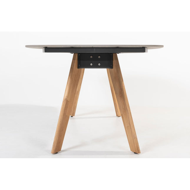 4 Seasons Outdoor Montana tafel barrel keramiek terrazzo 240 x 103 cm teak onderstel