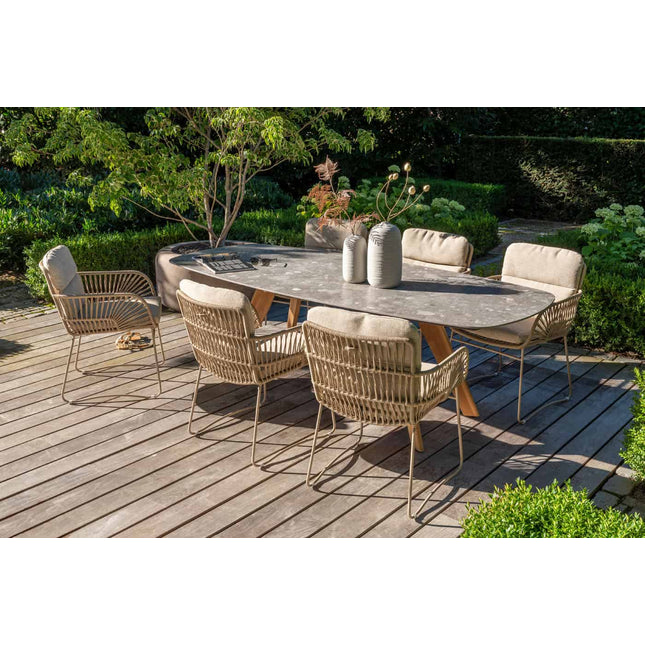 4 Seasons Outdoor Murcia dining latte + Montana tafel barrel keramiek terrazzo 240 cm teak onderstel