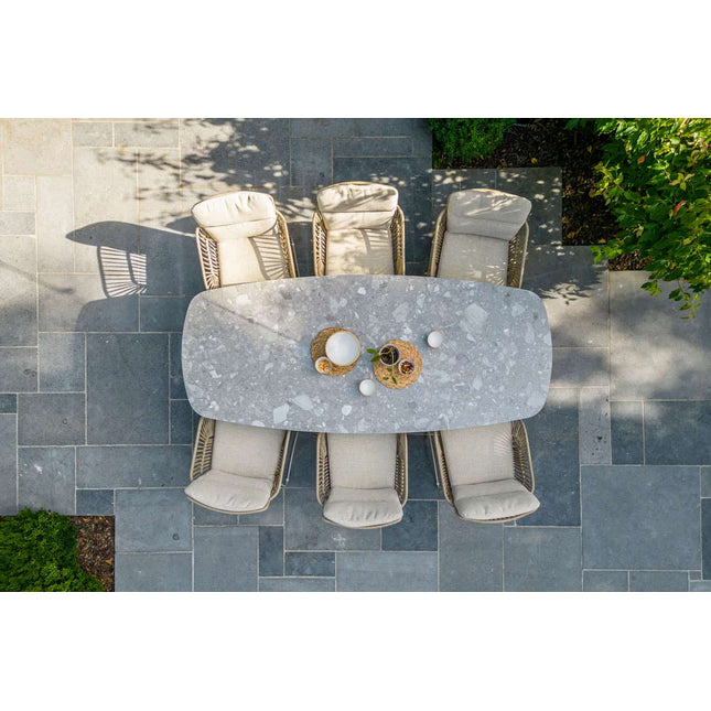 4 Seasons Outdoor Murcia dining latte + Montana tafel barrel keramiek terrazzo 240 cm teak onderstel