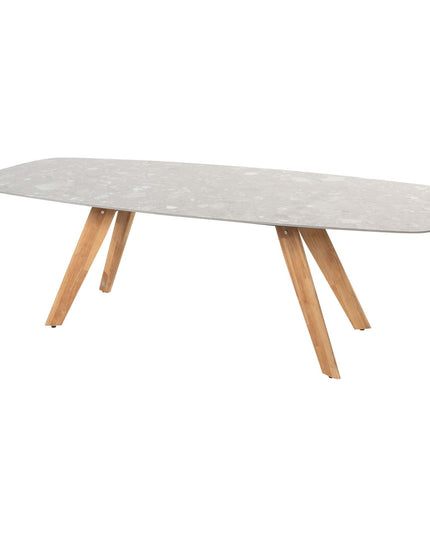 4 Seasons Outdoor Jura dining + Montana tafel barrel keramiek terrazzo 240 cm teak onderstel