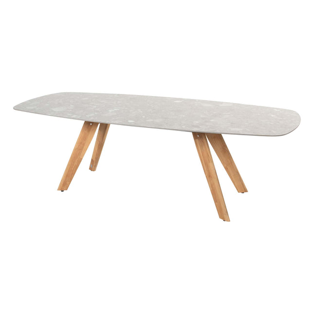 4 Seasons Outdoor Jura dining + Montana tafel barrel keramiek terrazzo 240 cm teak onderstel