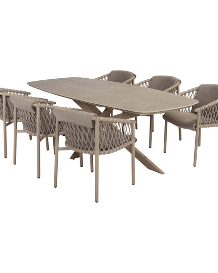 4 Seasons Outdoor Allora dining stoel latte + Taste 4SO Prado tafel met keramisch tafelblad barrel latte 240 cm
