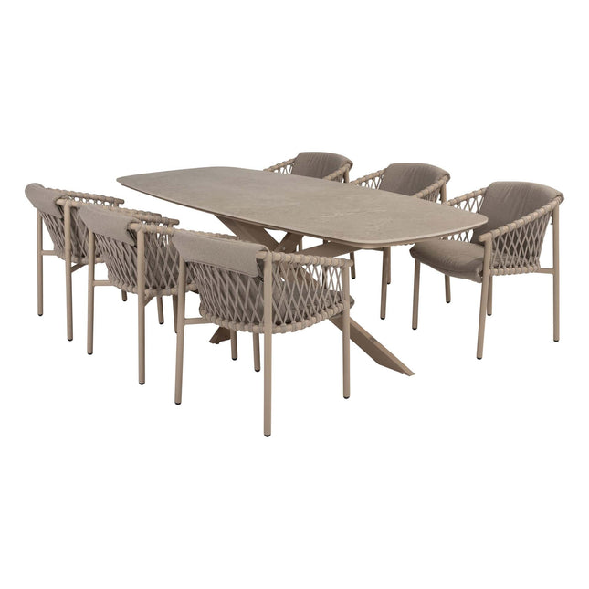 4 Seasons Outdoor Allora dining stoel latte + Taste 4SO Prado tafel met keramisch tafelblad barrel latte 240 cm