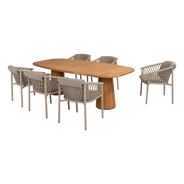 4 Seasons Outdoor Allora dining stoel latte + Taste 4SO Capri tafel barrel-vorm teak 240 cm