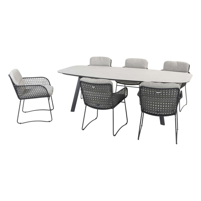 4 Seasons Outdoor Aprilla dining antraciet + Montana tafel barrel keramiek terrazzo 240 x 103 cm