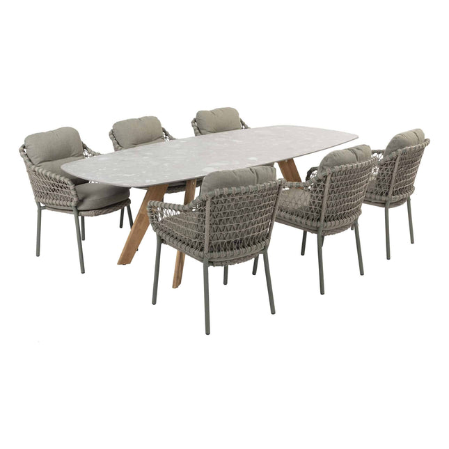 4 Seasons Outdoor Jura dining + Montana tafel barrel keramiek terrazzo 240 cm teak onderstel