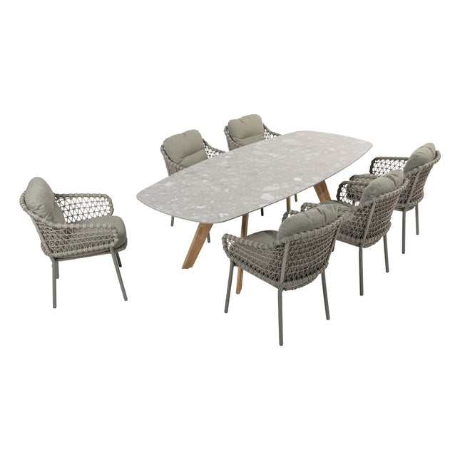 4 Seasons Outdoor Jura dining + Montana tafel barrel keramiek terrazzo 240 cm teak onderstel