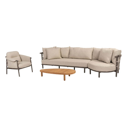 4 Seasons Outdoor Ezra chaise lounge bank + loungestoel + Finn salontafel kiezel-vorm