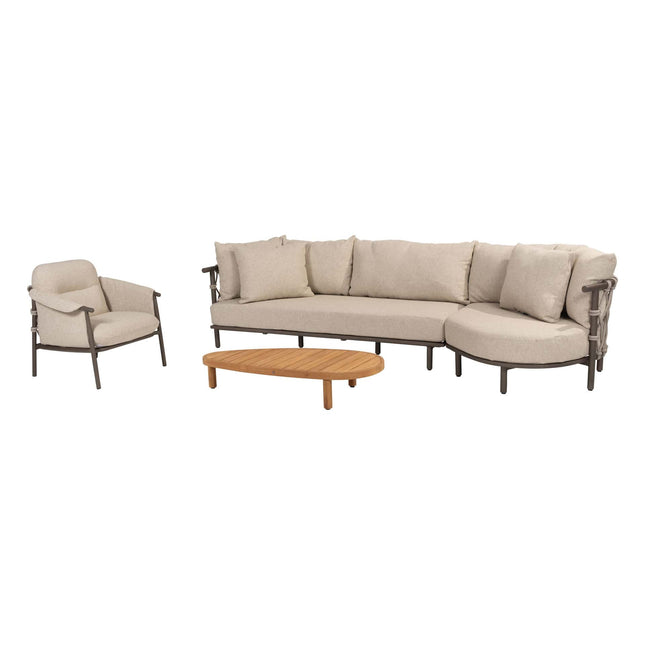 4 Seasons Outdoor Ezra chaise lounge bank + loungestoel + Finn salontafel kiezel-vorm