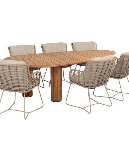 4 Seasons Outdoor Fabrice dining stoel latte + Taste 4SO Corsica tafel kiezel-vorm teak 240 cm
