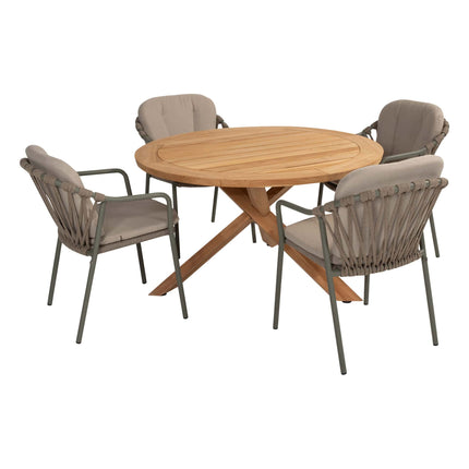 Taste 4SO Manitoba stapelbare dining stoel olive + Prado teak onderstel met teak tafel Ø 130 cm