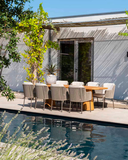 4 Seasons Outdoor Bernini dining stoel + Taste 4SO Capri tafel barrel-vorm teak 280 cm