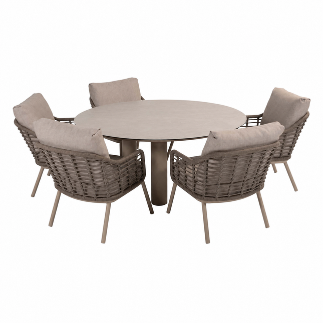 Taste 4SO Puglia low dining stoel (5x)+ Donato low dining tafel 160 Ø cm latte