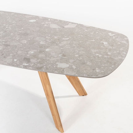 4 Seasons Outdoor Murcia dining latte + Montana tafel barrel keramiek terrazzo 240 cm teak onderstel