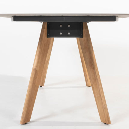 4 Seasons Outdoor Eros dining + Montana tafel barrel keramiek terrazzo 240 cm teak onderstel