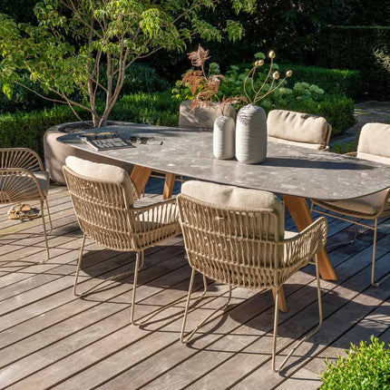 4 Seasons Outdoor Murcia dining latte + Montana tafel barrel keramiek terrazzo 240 cm teak onderstel