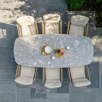 4 Seasons Outdoor Murcia dining latte + Montana tafel barrel keramiek terrazzo 240 cm teak onderstel