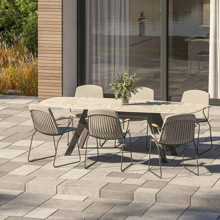 4 Seasons Outdoor Veneto dining antraciet + Montana tafel barrel keramiek terrazzo 240 x 103 cm